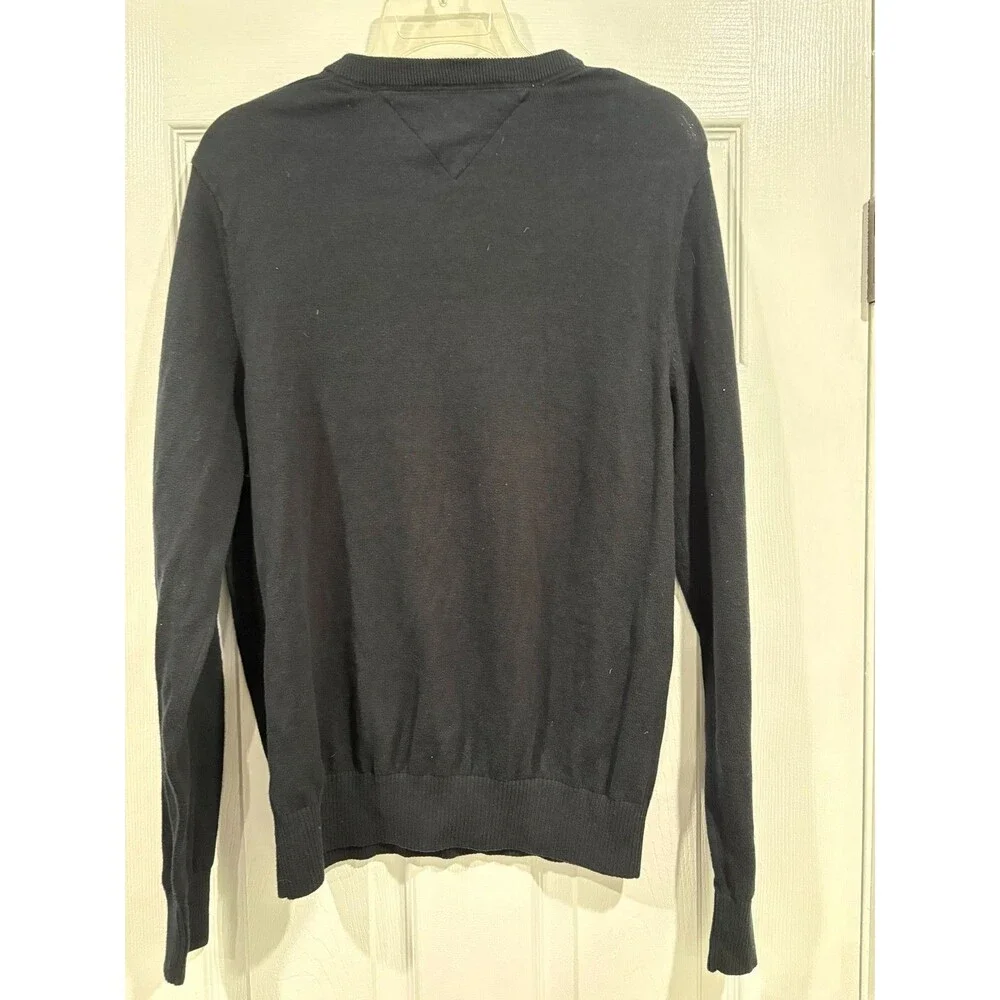 Tommy Hilfiger Men’s Small Black V-Neck Sweater Cotton Flag Logo Pullover